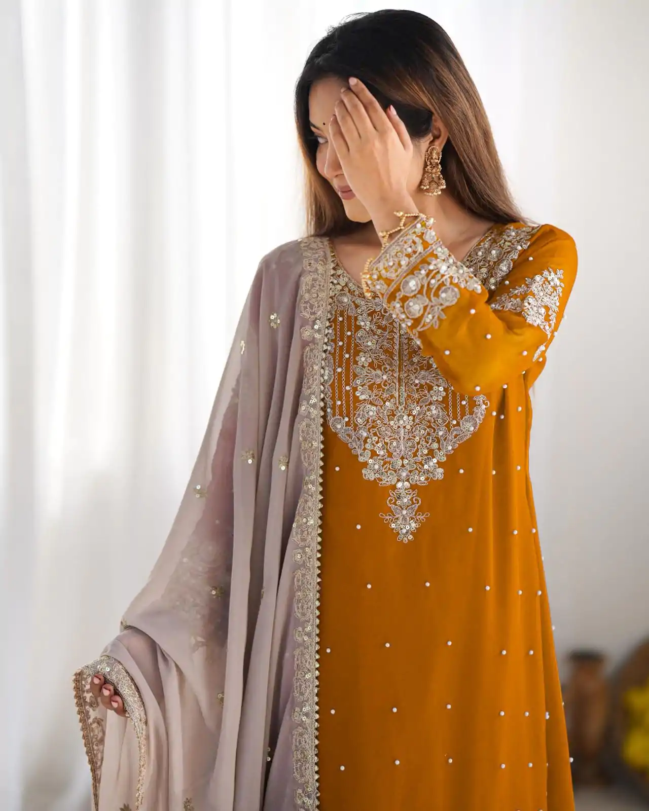 SR 1676 Mustard Heavy Faux Georgette With Heavy Embroidery Perfect for Wedding, Party, Ethnic Day, Reception, Diwali 4-6 Working Days At 2049/- Only | Casual Suits, Jump Suits, Salwar suit, Creative suits, Designer Suits, Palazzo Suits, Party Wear Suits, Patiala Suits, Straight Suits