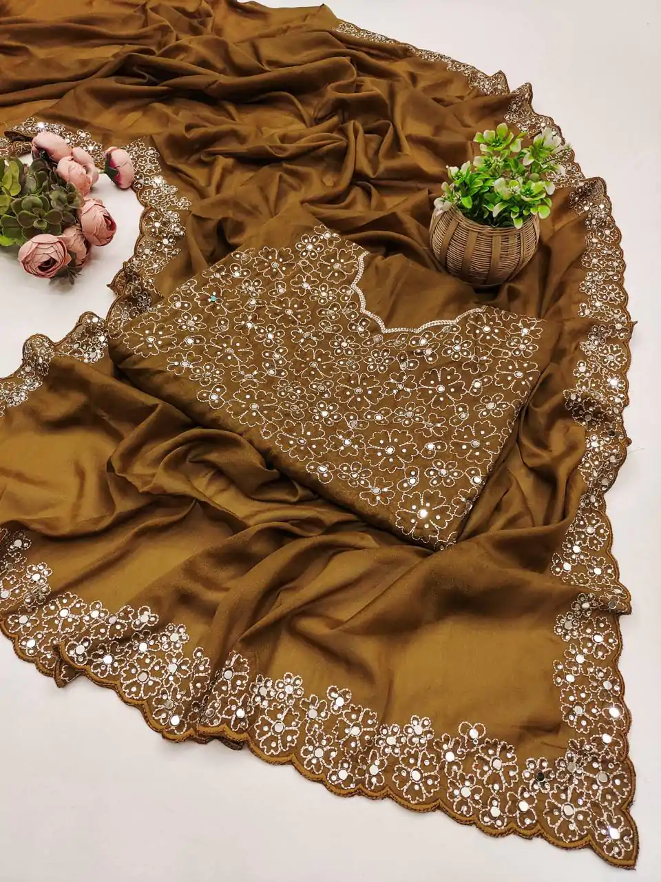 BT 12 Mustard Soft Star Georgette Silk with Embroidery Work & Mirror Work Saree . Exclusive Offer ₹1999. Delivery 4-6 Working Days. Shop now. | Designer Sarees, Embroidered Sarees, Sarees, Bollywood Sarees, Creative Sarees, Ethnic Saree, Modern Digital sarees, Party Wear Sarees