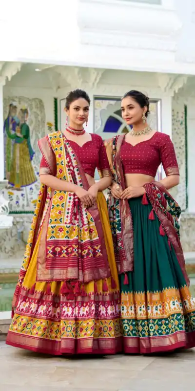 LNB 1680 Mustard Tasar Silk Patola Print & Gotta Patti Work Lehenga Choli in . Special Price ₹2449. Delivery 4-6 Working Days. Shop now. | Lehenga, Bollywood Lehenga, Creative Lehenga, Designer Lehenga, Embroidered Lehenga, Party Wear Lehenga