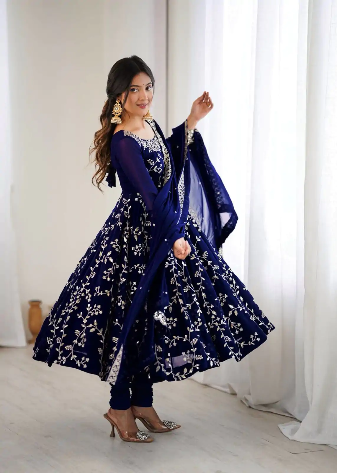 SRK 5299 Navy Blue Faux Georgette With Sequence Work Perfect for Wedding, , Lohri, Temple Visit, Ganesh Chaturthi Festive, Events, 4-6 Working Days At 2149 | Gowns, Bollywood Gowns, Creative Gowns, Designer Gowns, Embroidered Gowns, Party Wear Gowns