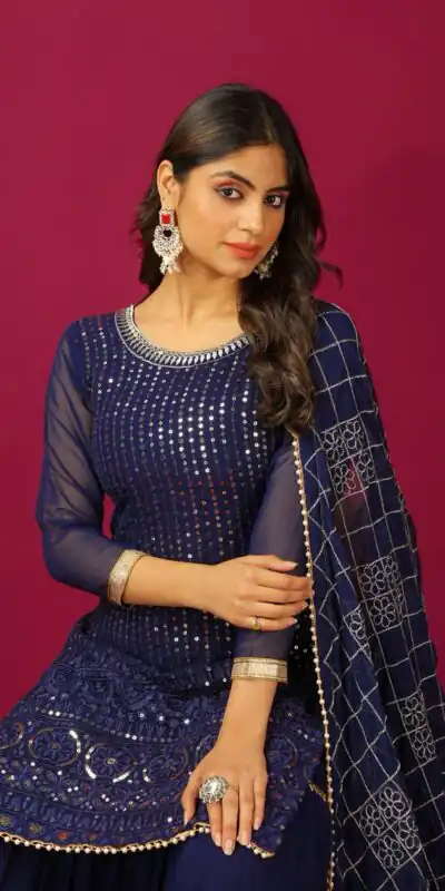 SR 1671 Navy Blue Georgette Salwar Suit Perfect for Wedding, Party, Cultural Events, Temple Visit, Lohri Now at just ₹1799. Delivery 4-6 Working Days. | Casual Suits, Jump Suits, Tops & Bottoms, Track Suits, Salwar suit, Creative suits, Designer Suits, Palazzo Suits, Party Wear Suits, Patiala Suits, Straight Suits, Trendy Wear