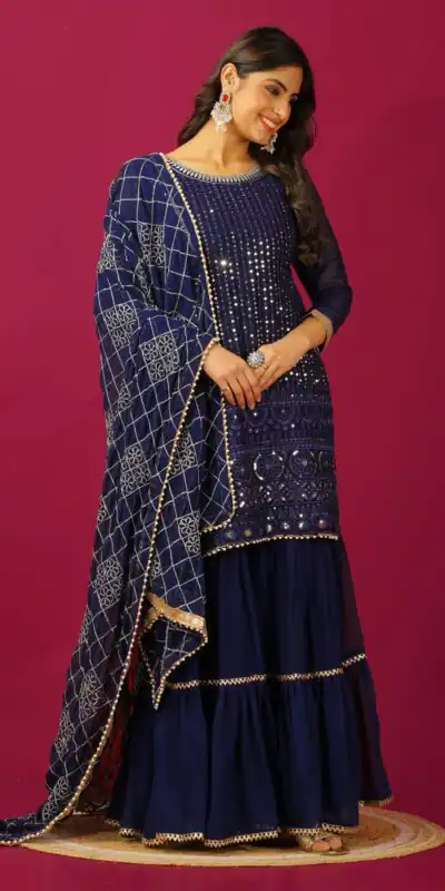 SR 1671 Navy Blue Georgette Salwar Suit Perfect for Wedding, Party, Cultural Events, Temple Visit, Lohri Now at just ₹1799. Delivery 4-6 Working Days. | Casual Suits, Jump Suits, Tops & Bottoms, Track Suits, Salwar suit, Creative suits, Designer Suits, Palazzo Suits, Party Wear Suits, Patiala Suits, Straight Suits, Trendy Wear