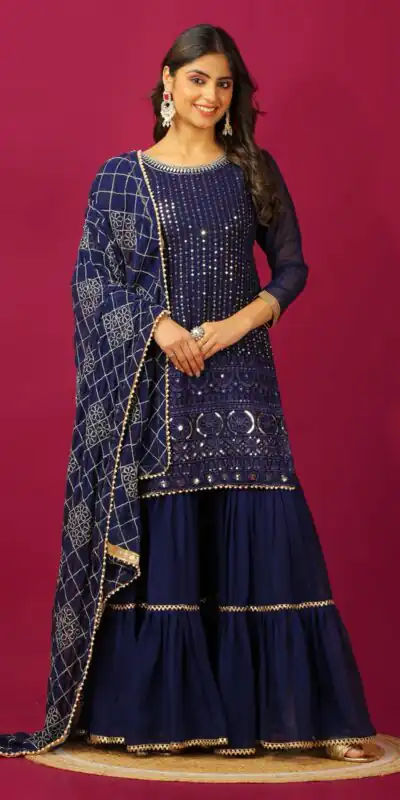 SR 1671 Navy Blue Georgette Salwar Suit Perfect for Wedding, Party, Cultural Events, Temple Visit, Lohri Now at just ₹1799. Delivery 4-6 Working Days. | Casual Suits, Jump Suits, Tops & Bottoms, Track Suits, Salwar suit, Creative suits, Designer Suits, Palazzo Suits, Party Wear Suits, Patiala Suits, Straight Suits, Trendy Wear
