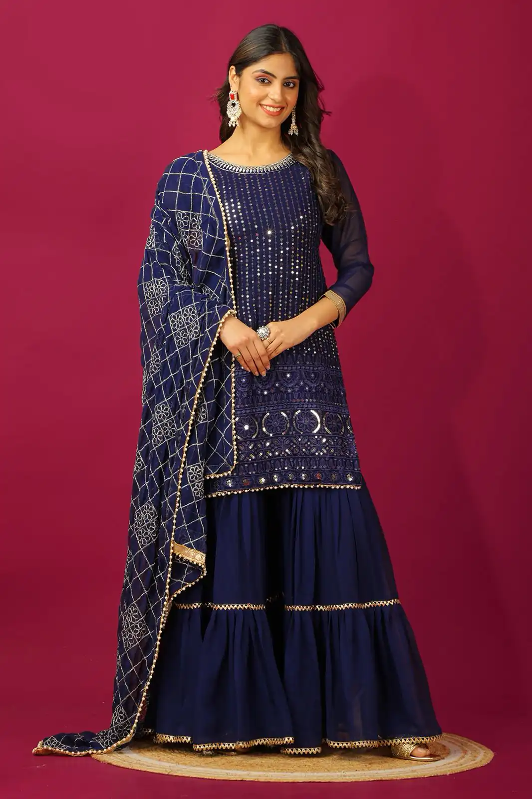 SR 1671 Navy Blue Georgette Salwar Suit Perfect for Wedding, Party, Cultural Events, Temple Visit, Lohri Now at just ₹1799. Delivery 4-6 Working Days. | Casual Suits, Jump Suits, Tops & Bottoms, Track Suits, Salwar suit, Creative suits, Designer Suits, Palazzo Suits, Party Wear Suits, Patiala Suits, Straight Suits, Trendy Wear