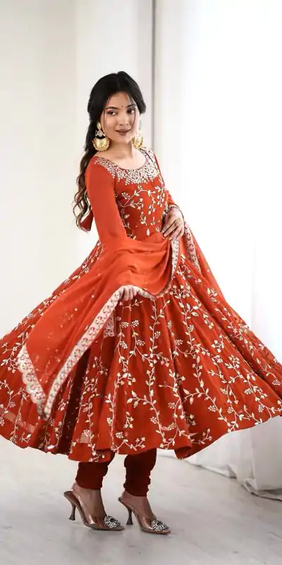SRK 5299 Orange Georgette With Sequence Work Perfect for Wedding, Party, Lohri, Temple Visit, Ganesh Chaturthi Festive, Events, 4-6 Working Days At 2149 | Gowns, Bollywood Gowns, Creative Gowns, Designer Gowns, Embroidered Gowns, Party Wear Gowns