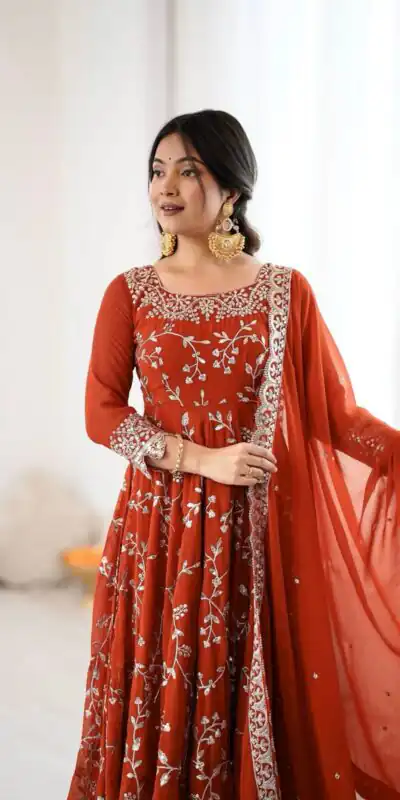 SRK 5299 Orange Georgette With Sequence Work Perfect for Wedding, Party, Lohri, Temple Visit, Ganesh Chaturthi Festive, Events, 4-6 Working Days At 2149 | Gowns, Bollywood Gowns, Creative Gowns, Designer Gowns, Embroidered Gowns, Party Wear Gowns