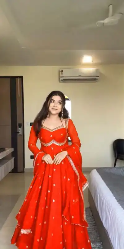 RTC 5924 Orange Georgette Thread With Sequence Gown Perfect for Wedding, Party, Reception, Holi, Eid . Available at ₹1999 only. Delivery 4-6 Working Days. | Gowns, Bollywood Gowns, Creative Gowns, Designer Gowns, Embroidered Gowns, Party Wear Gowns