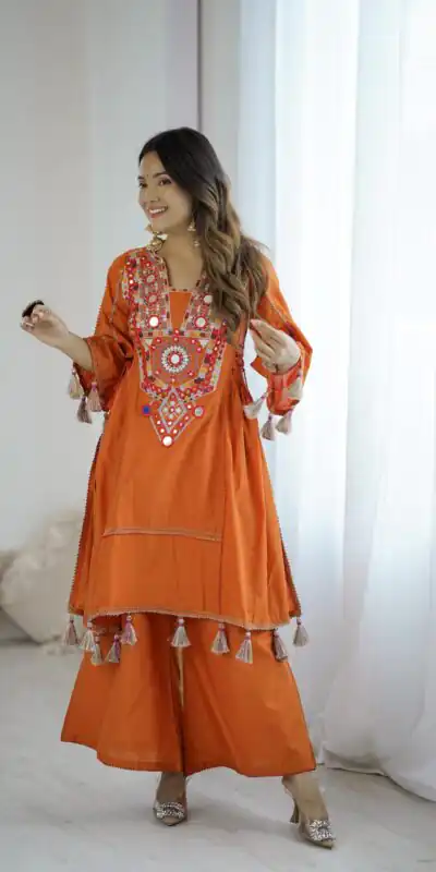 SRK 5286 Orange in Khadi Cotton Mirror Work & Embroidery Work Salwar Suit . Now at just ₹2099. Delivery 4-6 Working Days. Shop now. | Casual Suits, Jump Suits, Salwar suit, Creative suits, Designer Suits, Palazzo Suits, Party Wear Suits, Patiala Suits, Straight Suits