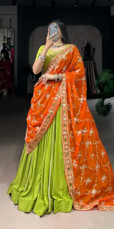 LNB 1692 Parrot Green Pure Rayon Embroidery Work & Sequins Work Lehenga Choli in . Now at just ₹3199. Delivery 4-6 Working Days. Shop now. | Lehenga, Bollywood Lehenga, Creative Lehenga, Designer Lehenga, Embroidered Lehenga, Party Wear Lehenga