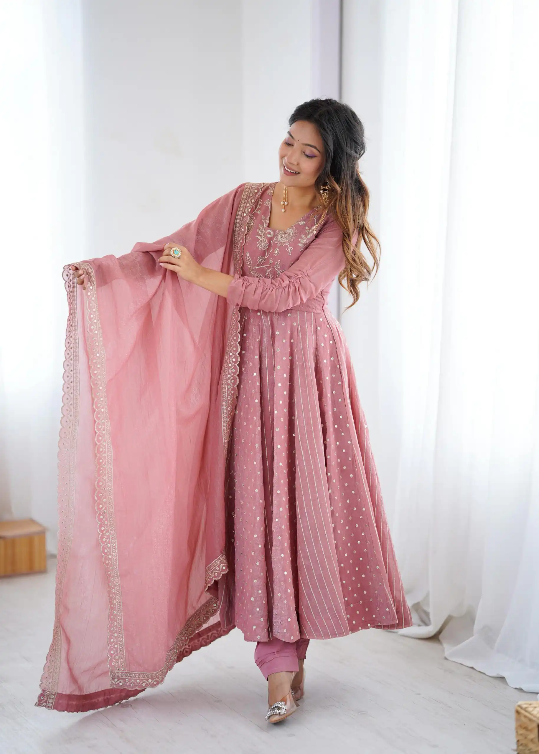 SRK 5293 Peach With Crunchy Silk With Fully Flair with Lace Work & Embroidery Work Anarkali Gown . Introductory Price ₹2149. Delivery 4-6 Worki | Gowns, Bollywood Gowns, Creative Gowns, Designer Gowns, Embroidered Gowns, Party Wear Gowns
