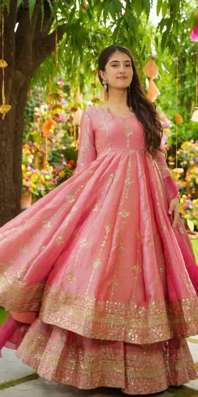 SSR 526 Peach Crunchy Silk With Heavy Embroidery Sequence Work With Fully Flair Salwar Suit Wedding, Party, Festive, Events, Now at just ₹2399. Delivery 4 | Casual Suits, Jump Suits, Tops & Bottoms, Track Suits, Salwar suit, Creative suits, Designer Suits, Palazzo Suits, Party Wear Suits, Patiala Suits, Straight Suits, Trendy Wear
