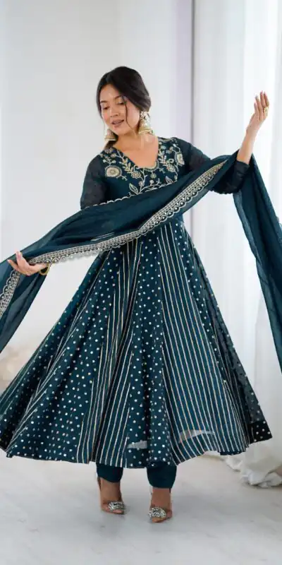 SRK 5293 Peacock Blue With Crunchy Silk With Fully Flair with Lace Work & Embroidery Work Anarkali Gown . Introductory Price ₹2149. Delivery 4-6 Worki | Gowns, Bollywood Gowns, Creative Gowns, Designer Gowns, Embroidered Gowns, Party Wear Gowns