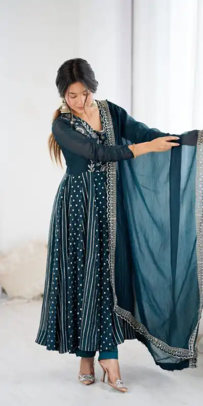 SRK 5293 Peacock Blue With Crunchy Silk With Fully Flair with Lace Work & Embroidery Work Anarkali Gown . Introductory Price ₹2149. Delivery 4-6 Worki | Gowns, Bollywood Gowns, Creative Gowns, Designer Gowns, Embroidered Gowns, Party Wear Gowns