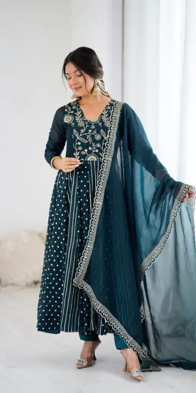 SRK 5293 Peacock Blue With Crunchy Silk With Fully Flair with Lace Work & Embroidery Work Anarkali Gown . Introductory Price ₹2149. Delivery 4-6 Worki | Gowns, Bollywood Gowns, Creative Gowns, Designer Gowns, Embroidered Gowns, Party Wear Gowns