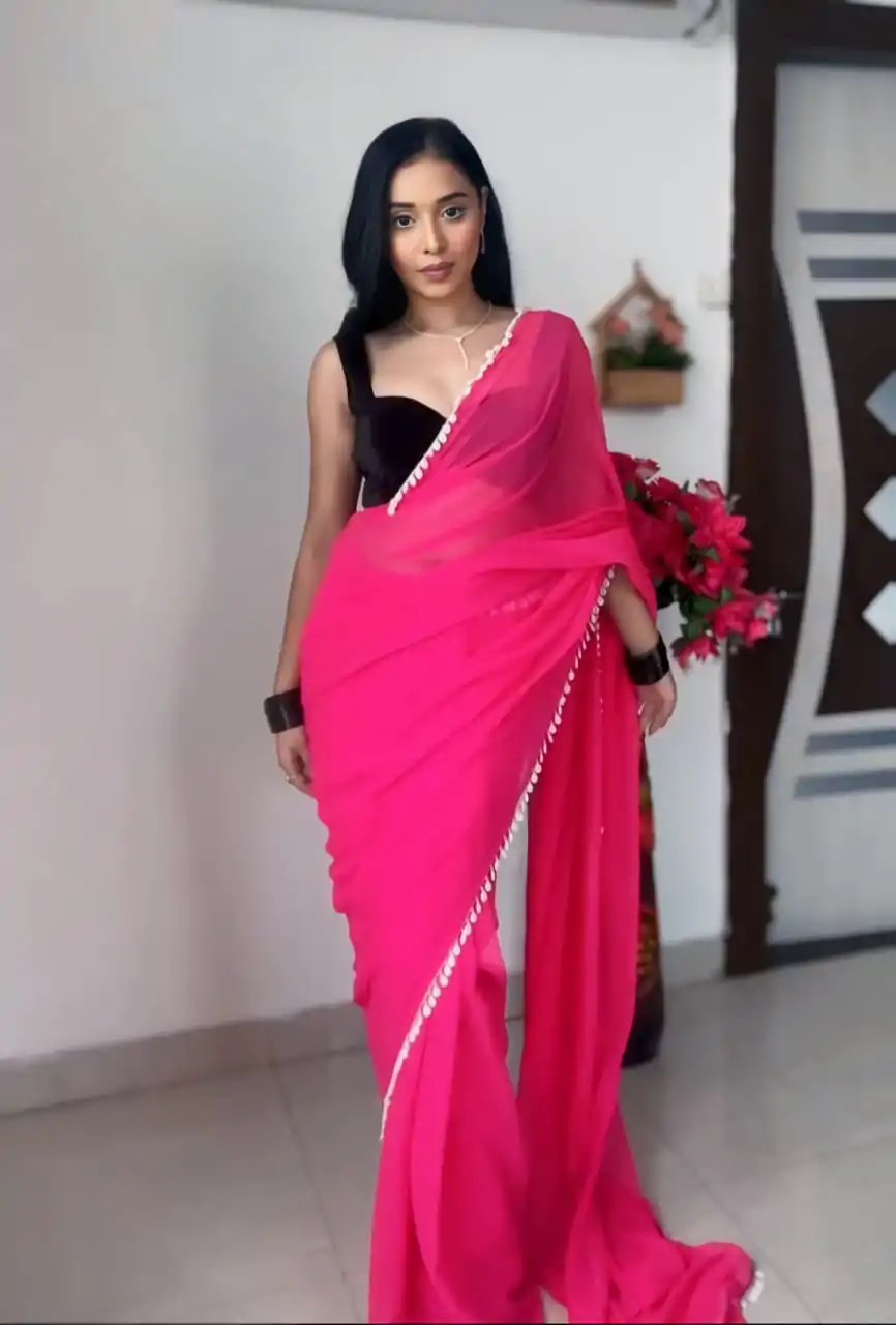SC 239 Pink Georgette With Lace Work & Lace Border Saree . Wedding, Party, Festive, Events, Exclusive Offer ₹1599. Delivery 4-6 Working Days. Shop now. | Designer Sarees, Embroidered Sarees, Sarees, Bollywood Sarees, Creative Sarees, Ethnic Saree, Modern Digital sarees, Party Wear Sarees