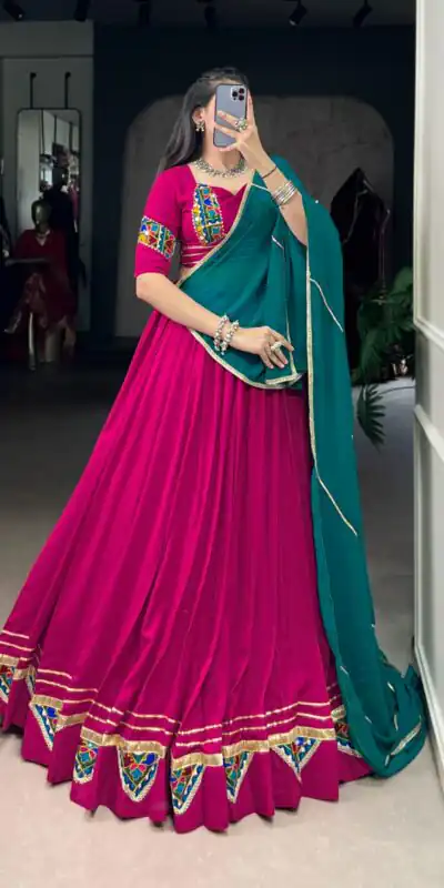 LNB 1751 Pink Pure Rayon Lehenga Choli with Mirror Work & Gamthi Work. Exclusive Offer ₹3399. Delivery 4-6 Working Days. Shop now. | Lehenga, Bollywood Lehenga, Creative Lehenga, Designer Lehenga, Embroidered Lehenga, Party Wear Lehenga