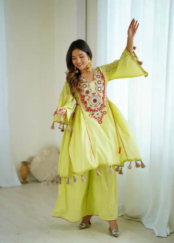 Pista Khadi Cotton Mirror Work Embroidery Work Salwar Suit