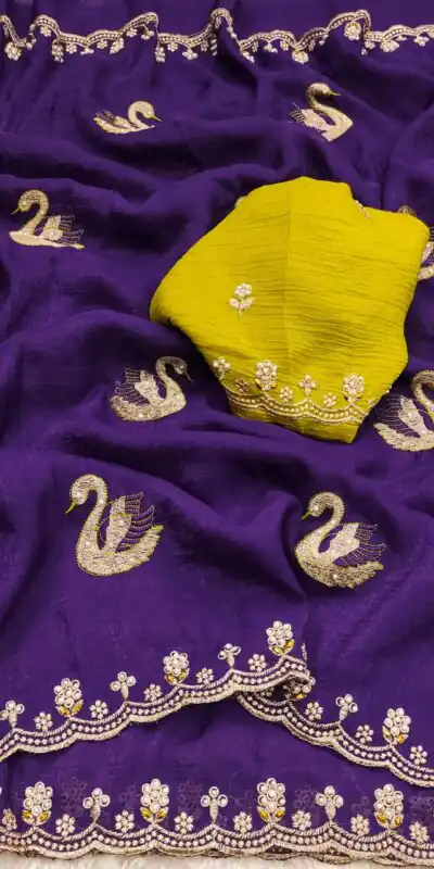 BT 1284 Purple Crunchy Chiffon Saree Perfect for Wedding, Party, Ethnic Day, Ganesh Chaturthi, Sangeet . Best Price ₹1799. Delivery 4-6 Working Days | Designer Sarees, Embroidered Sarees, Sarees, Bollywood Sarees, Creative Sarees, Ethnic Saree, Modern Digital sarees, Party Wear Sarees