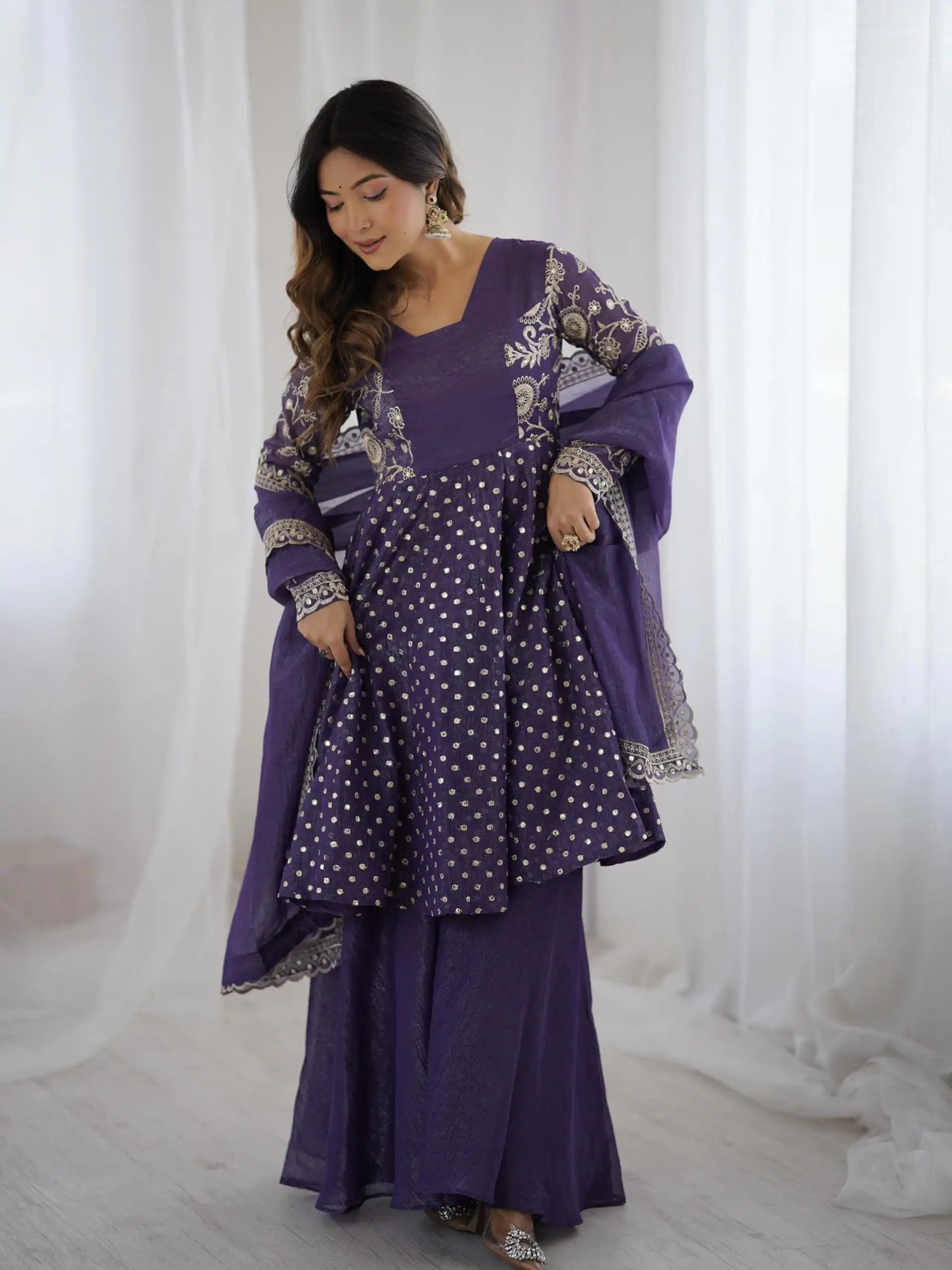 ZSR 3134 Purple Crunchy Silk Salwar Suit Perfect for Wedding, Party, Sangeet, Anniversary, Housewarming Introductory Price ₹2399. Delivery 4-6 | Casual Suits, Jump Suits, Salwar suit, Creative suits, Designer Suits, Palazzo Suits, Party Wear Suits, Patiala Suits, Straight Suits