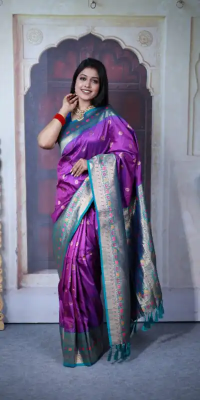 MB 18 Purple Paithani Ajanta Lotus Saree Perfect for Wedding, Party, Lohri, Durga Puja, Eid – . Get it for ₹2449. Delivery 4-6 Working Days. Shop now. | Designer Sarees, Embroidered Sarees, Sarees, Bollywood Sarees, Creative Sarees, Ethnic Saree, Modern Digital sarees, Party Wear Sarees