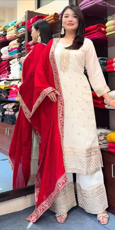 SRK 5140 Red Chinnon Silk with Embroidery Work & Lace Work Salwar Suit . Affordable Price ₹1799. Delivery 4-6 Working Days. Shop now. | Jump Suits, Salwar suit, Casual Suits, Creative suits, Designer Suits, Palazzo Suits, Party Wear Suits, Patiala Suits, Straight Suits