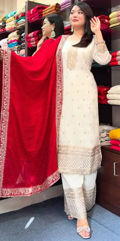 SRK 5140 Red Chinnon Silk with Embroidery Work & Lace Work Salwar Suit . Affordable Price ₹1799. Delivery 4-6 Working Days. Shop now. | Jump Suits, Salwar suit, Casual Suits, Creative suits, Designer Suits, Palazzo Suits, Party Wear Suits, Patiala Suits, Straight Suits