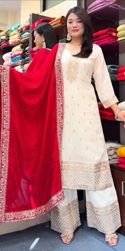 SRK 5140 Red Chinnon Silk with Embroidery Work & Lace Work Salwar Suit . Affordable Price ₹1799. Delivery 4-6 Working Days. Shop now. | Jump Suits, Salwar suit, Casual Suits, Creative suits, Designer Suits, Palazzo Suits, Party Wear Suits, Patiala Suits, Straight Suits