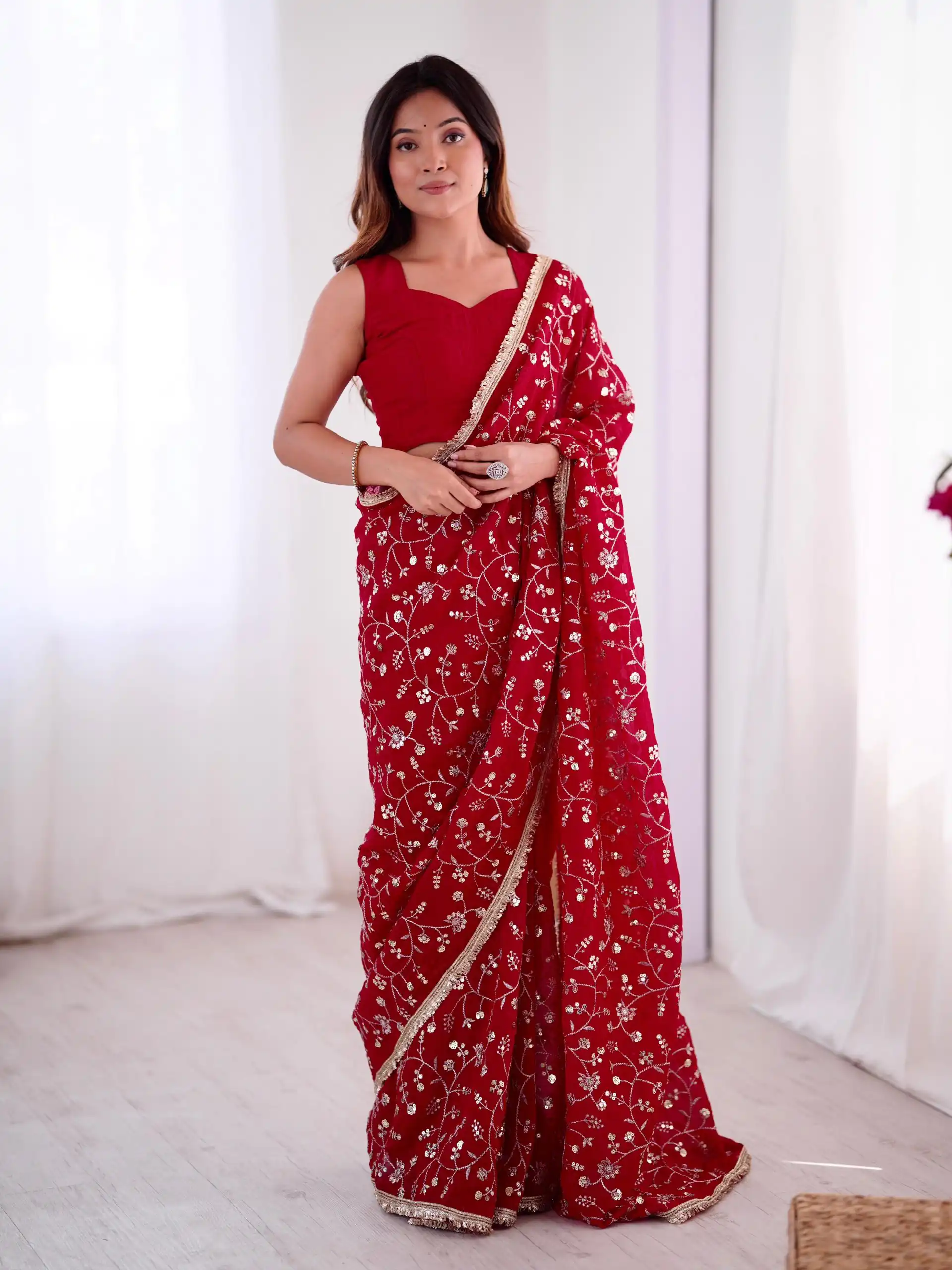 SRK 5296 Red Crunchy Silk Lace Work & Embroidery Work Saree in . Special Price ₹1799. Delivery 4-6 Working Days. Shop now. | Designer Sarees, Embroidered Sarees, Sarees, Bollywood Sarees, Creative Sarees, Ethnic Saree, Modern Digital sarees, Party Wear Sarees