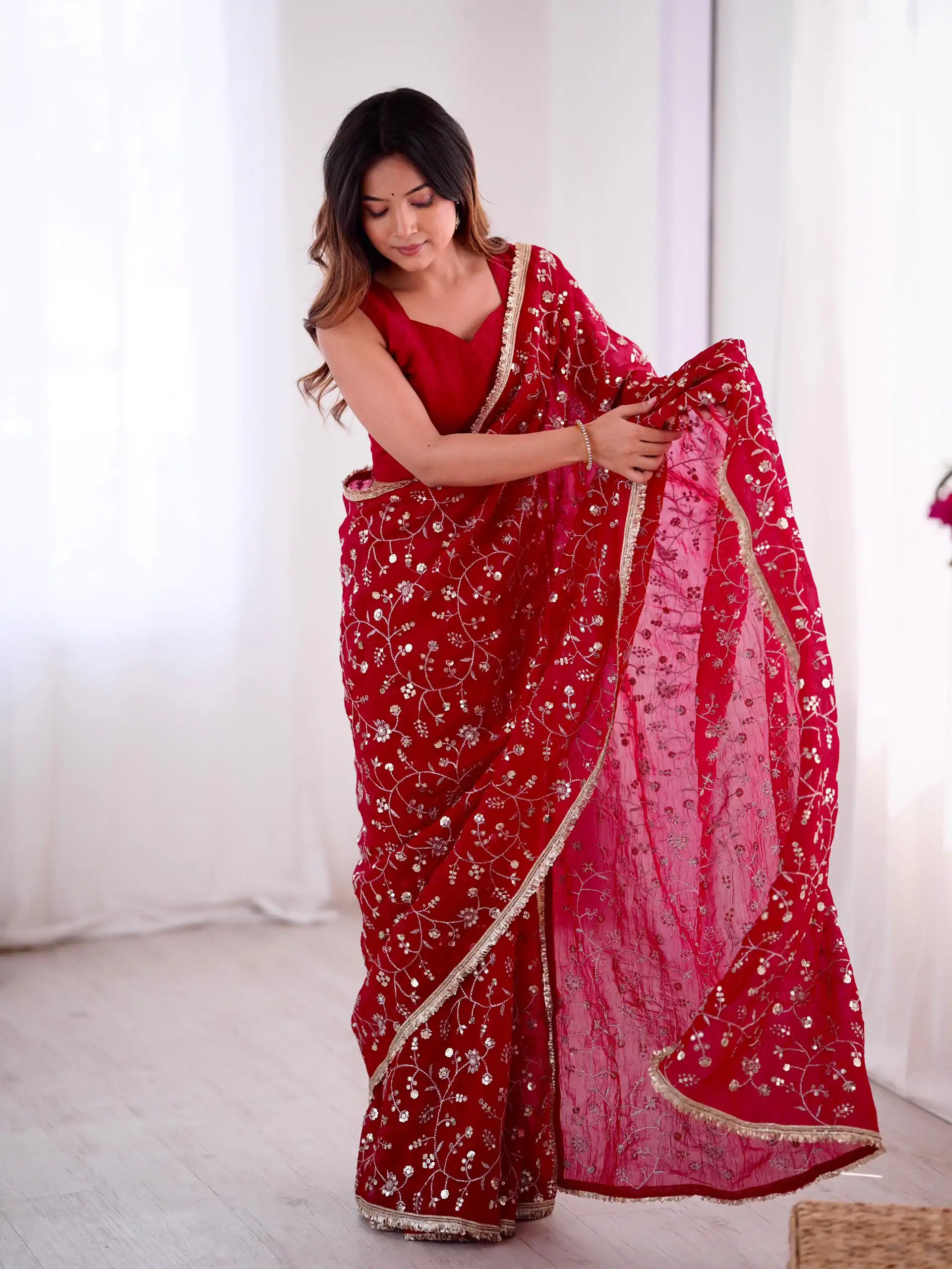 SRK 5296 Red Crunchy Silk Lace Work & Embroidery Work Saree in . Special Price ₹1799. Delivery 4-6 Working Days. Shop now. | Designer Sarees, Embroidered Sarees, Sarees, Bollywood Sarees, Creative Sarees, Ethnic Saree, Modern Digital sarees, Party Wear Sarees