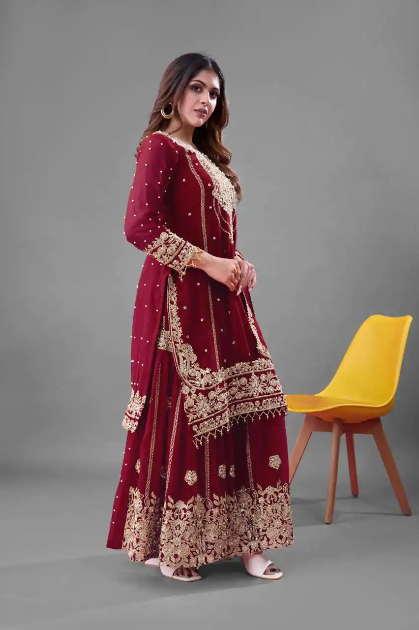 SR 1688 Red Heavy Faux Georgette With Heavy Embroidery Wedding, Party, Festive, Events, Navratri Garba, Reception, Haldi, 4-6 Working Days At 1949 Only | Jump Suits, Salwar suit, Casual Suits, Creative suits, Designer Suits, Palazzo Suits, Party Wear Suits, Patiala Suits, Straight Suits