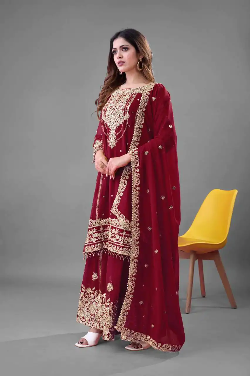 SR 1688 Red Heavy Faux Georgette With Heavy Embroidery Wedding, Party, Festive, Events, Navratri Garba, Reception, Haldi, 4-6 Working Days At 1949 Only | Jump Suits, Salwar suit, Casual Suits, Creative suits, Designer Suits, Palazzo Suits, Party Wear Suits, Patiala Suits, Straight Suits