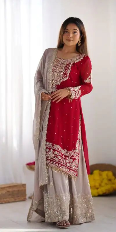 SR 1676 Red Heavy Faux Georgette With Heavy Embroidery Perfect for Wedding, Party, Ethnic Day, Reception, Diwali 4-6 Working Days At 2049/- Only | Casual Suits, Jump Suits, Salwar suit, Creative suits, Designer Suits, Palazzo Suits, Party Wear Suits, Patiala Suits, Straight Suits