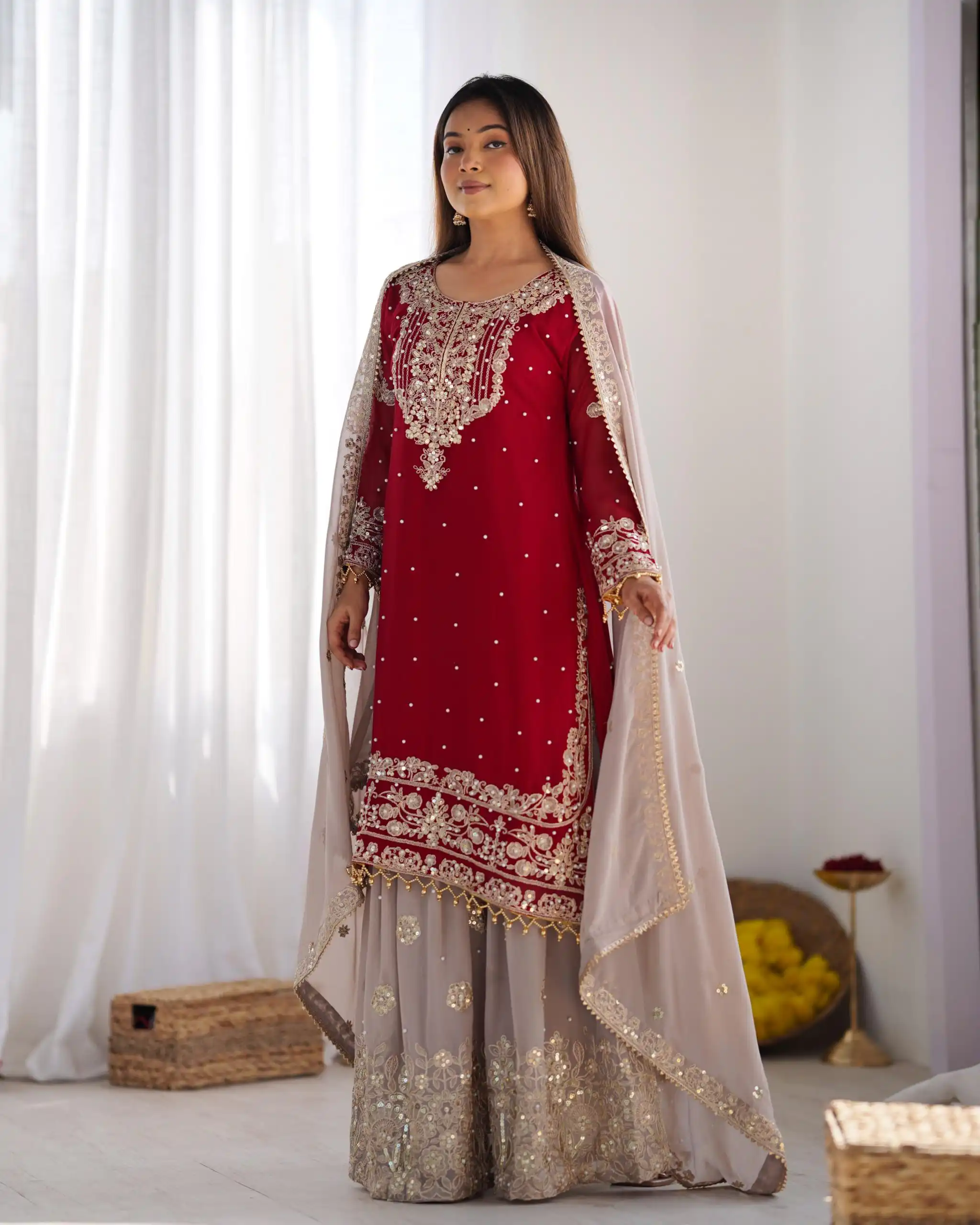 SR 1676 Red Heavy Faux Georgette With Heavy Embroidery Perfect for Wedding, Party, Ethnic Day, Reception, Diwali 4-6 Working Days At 2049/- Only | Casual Suits, Jump Suits, Salwar suit, Creative suits, Designer Suits, Palazzo Suits, Party Wear Suits, Patiala Suits, Straight Suits