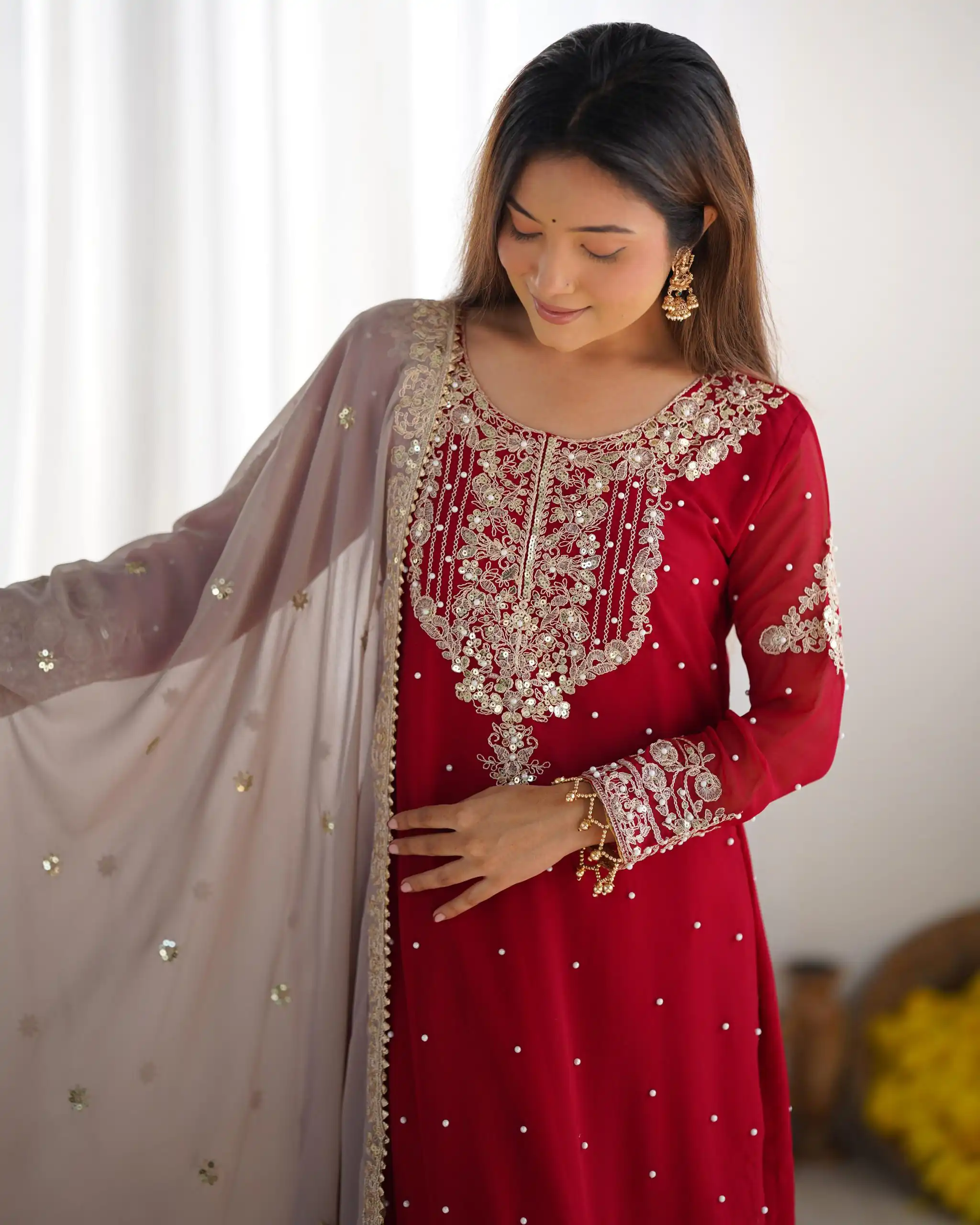 SR 1676 Red Heavy Faux Georgette With Heavy Embroidery Perfect for Wedding, Party, Ethnic Day, Reception, Diwali 4-6 Working Days At 2049/- Only | Casual Suits, Jump Suits, Salwar suit, Creative suits, Designer Suits, Palazzo Suits, Party Wear Suits, Patiala Suits, Straight Suits