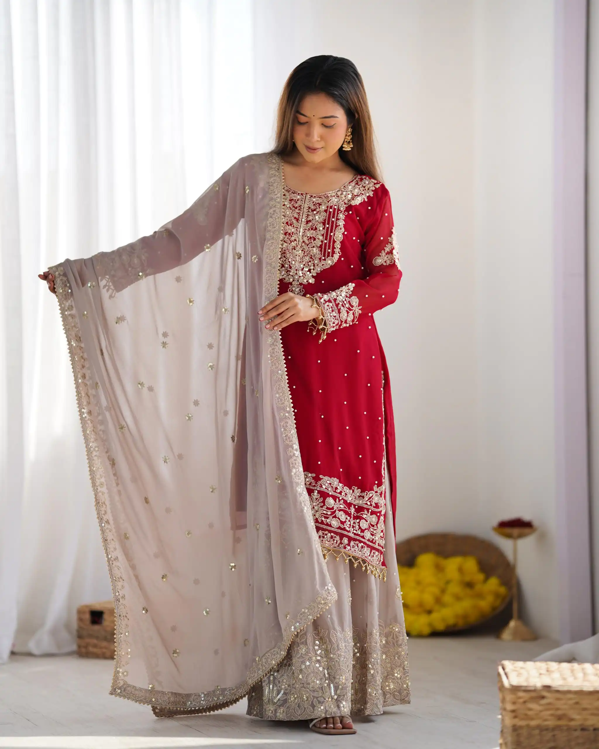 SR 1676 Red Heavy Faux Georgette With Heavy Embroidery Perfect for Wedding, Party, Ethnic Day, Reception, Diwali 4-6 Working Days At 2049/- Only | Casual Suits, Jump Suits, Salwar suit, Creative suits, Designer Suits, Palazzo Suits, Party Wear Suits, Patiala Suits, Straight Suits