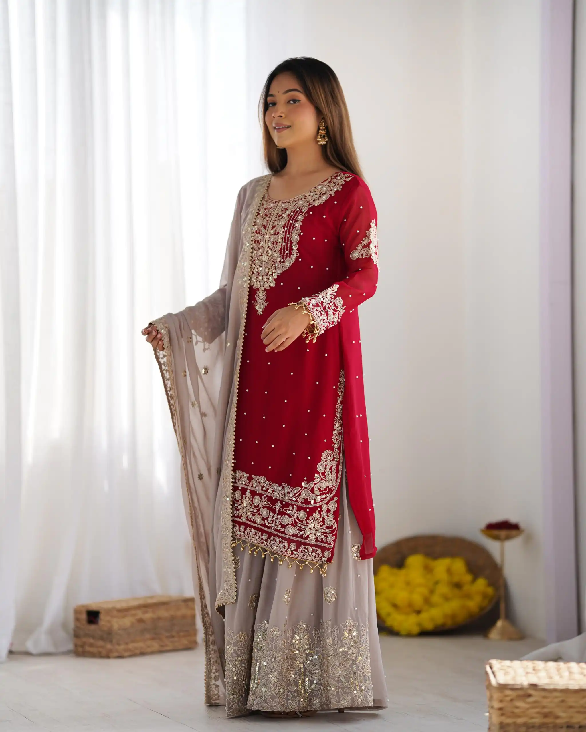 SR 1676 Red Heavy Faux Georgette With Heavy Embroidery Perfect for Wedding, Party, Ethnic Day, Reception, Diwali 4-6 Working Days At 2049/- Only | Casual Suits, Jump Suits, Salwar suit, Creative suits, Designer Suits, Palazzo Suits, Party Wear Suits, Patiala Suits, Straight Suits