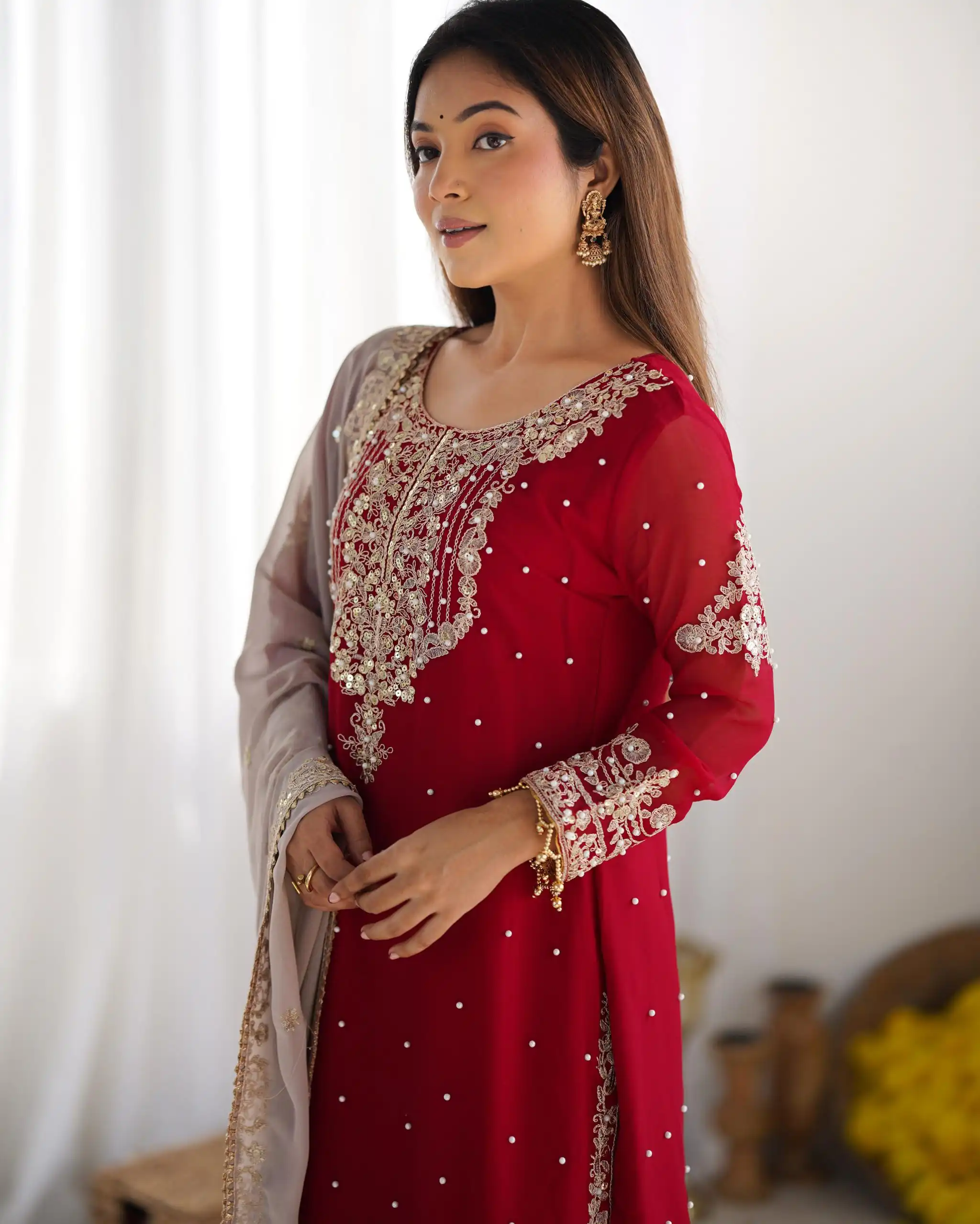 SR 1676 Red Heavy Faux Georgette With Heavy Embroidery Perfect for Wedding, Party, Ethnic Day, Reception, Diwali 4-6 Working Days At 2049/- Only | Casual Suits, Jump Suits, Salwar suit, Creative suits, Designer Suits, Palazzo Suits, Party Wear Suits, Patiala Suits, Straight Suits