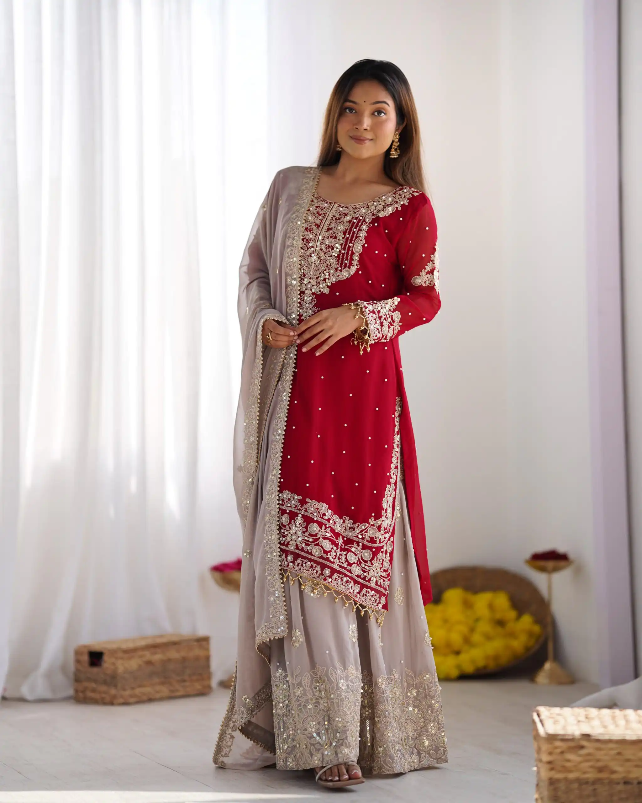 SR 1676 Red Heavy Faux Georgette With Heavy Embroidery Perfect for Wedding, Party, Ethnic Day, Reception, Diwali 4-6 Working Days At 2049/- Only | Casual Suits, Jump Suits, Salwar suit, Creative suits, Designer Suits, Palazzo Suits, Party Wear Suits, Patiala Suits, Straight Suits