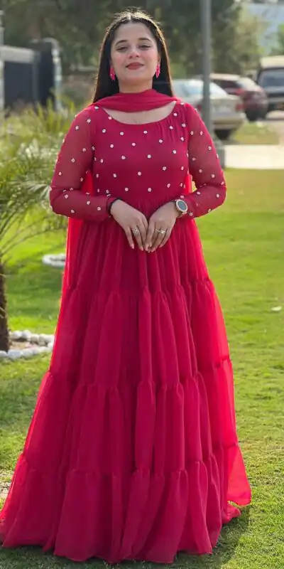 LG 2013 Red Georgette With Bead Work Gown . Wedding, Party, Festive, Events, Get it for ₹1899. Delivery 4-6 Working Days. Shop now. | Gowns, Bollywood Gowns, Creative Gowns, Designer Gowns, Embroidered Gowns, Party Wear Gowns