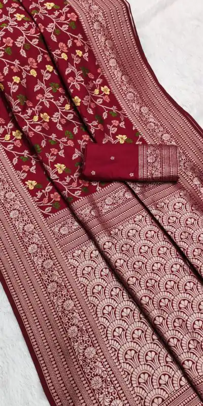 MB 96 Red Color Khaddi Pashmina with Zari Work & Lace Work Saree . Now at just ₹1999. Delivery 4-6 Working Days. Shop now. | Designer Sarees, Embroidered Sarees, Sarees, Bollywood Sarees, Creative Sarees, Ethnic Saree, Modern Digital sarees, Party Wear Sarees