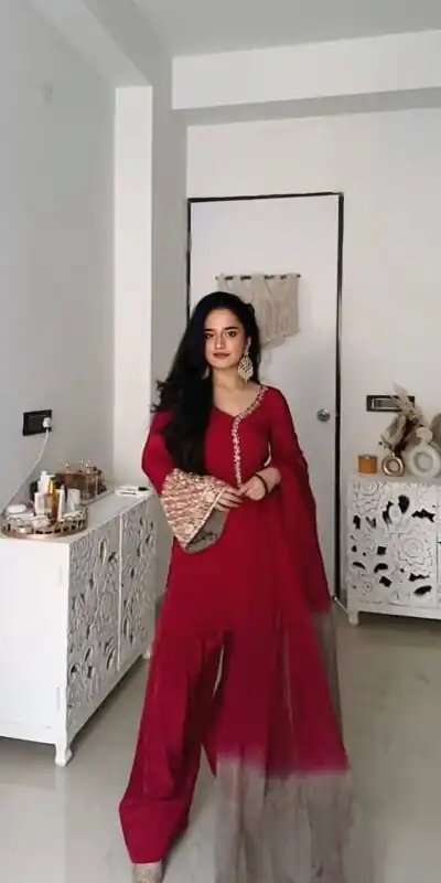 NSR 854 Red Natural Satin Silk Sequence Work with Lace Work & Embroidery Work Salwaar Suit Now at just ₹1799. Delivery 4-6 Working Days. Shop now. | Casual Suits, Jump Suits, Salwar suit, Creative suits, Designer Suits, Palazzo Suits, Party Wear Suits, Patiala Suits, Straight Suits