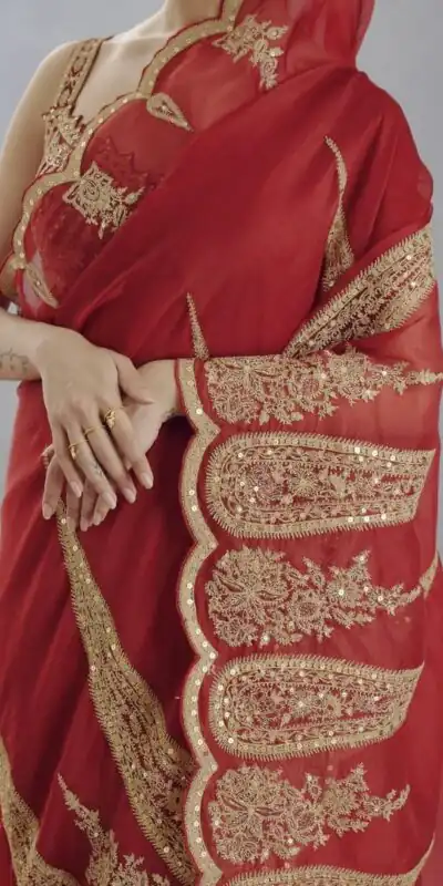 DF Queen Red Organza Tissue Saree with Sequins Work & Embroidery. Festive Deal ₹2499. Delivery 4-6 Working Days. Shop now. | Designer Sarees, Embroidered Sarees, Sarees, Bollywood Sarees, Creative Sarees, Ethnic Saree, Modern Digital sarees, Party Wear Sarees
