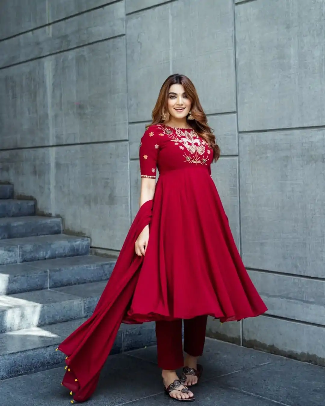 NSR 873 Red Roman Simmer Silk With Fency Neck And Fecny Sleeve Gown with Embroidery Work. Best Price ₹2049. Delivery 4-6 Working Days. Shop now. | Gowns, Bollywood Gowns, Creative Gowns, Designer Gowns, Embroidered Gowns, Party Wear Gowns
