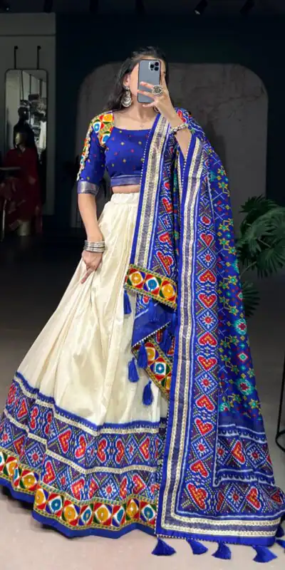 LNB 1735 Royal Blue in Tasar Silk Mirror Work & Gamthi Work Lehenga Choli . Get it for ₹2999. Delivery 4-6 Working Days. Shop now. | Lehenga, Bollywood Lehenga, Creative Lehenga, Designer Lehenga, Embroidered Lehenga, Party Wear Lehenga
