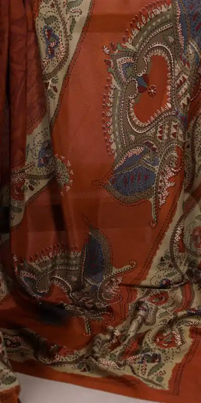 YNF 7056 Rust Crepe Printed with Designer Saree Work. Wedding, Party, Festive, Events, Get it for ₹1499. Delivery 4-6 Working Days. Shop now. | Designer Sarees, Embroidered Sarees, Sarees, Bollywood Sarees, Creative Sarees, Ethnic Saree, Modern Digital sarees, Party Wear Sarees