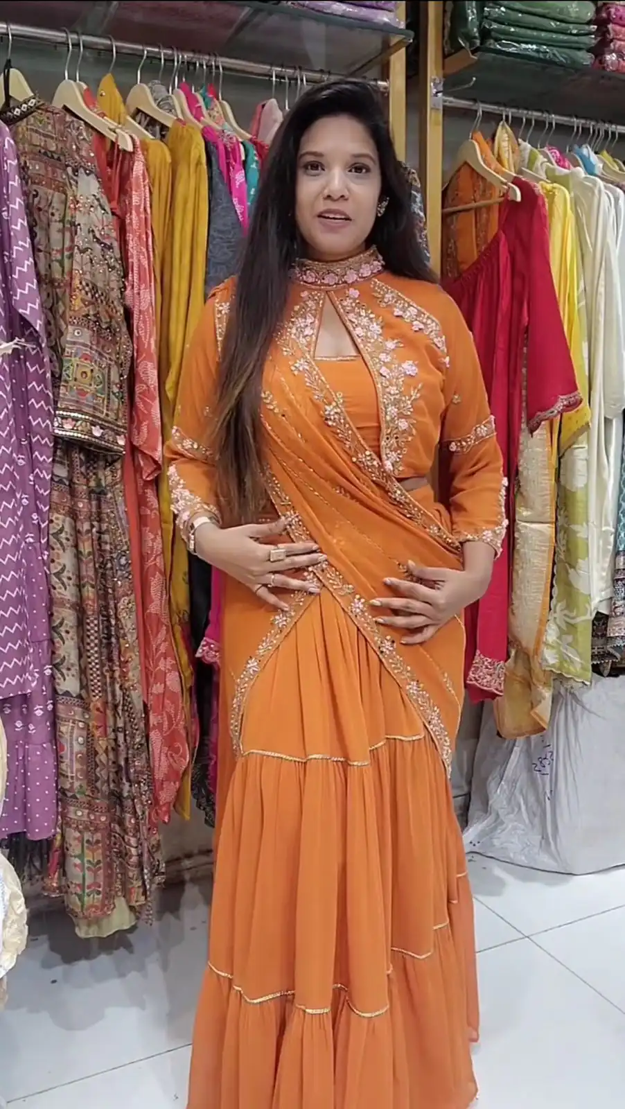 BE 280 Rust Georgette Lehenga Saree Perfect for Wedding, Party, Cultural Events, Housewarming, Ganesh Chaturthi . Affordable Price ₹2399. Delivery 4- | Lehenga, Bollywood Lehenga, Creative Lehenga, Designer Lehenga, Embroidered Lehenga, Party Wear Lehenga