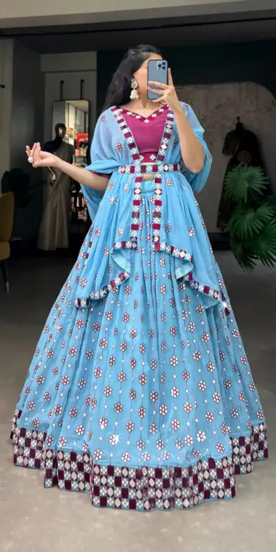 Choli LNB 1733 Sky Blue Georgette Mirror Work & Embroidery Work Lehenga in . Now at just ₹1999. Delivery 4-6 Working Days. Shop now. | Lehenga, Bollywood Lehenga, Creative Lehenga, Designer Lehenga, Embroidered Lehenga, Party Wear Lehenga