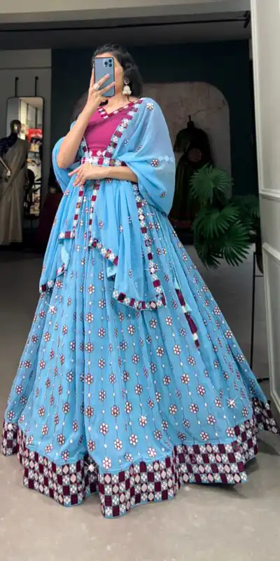 Choli LNB 1733 Sky Blue Georgette Mirror Work & Embroidery Work Lehenga in . Now at just ₹1999. Delivery 4-6 Working Days. Shop now. | Lehenga, Bollywood Lehenga, Creative Lehenga, Designer Lehenga, Embroidered Lehenga, Party Wear Lehenga