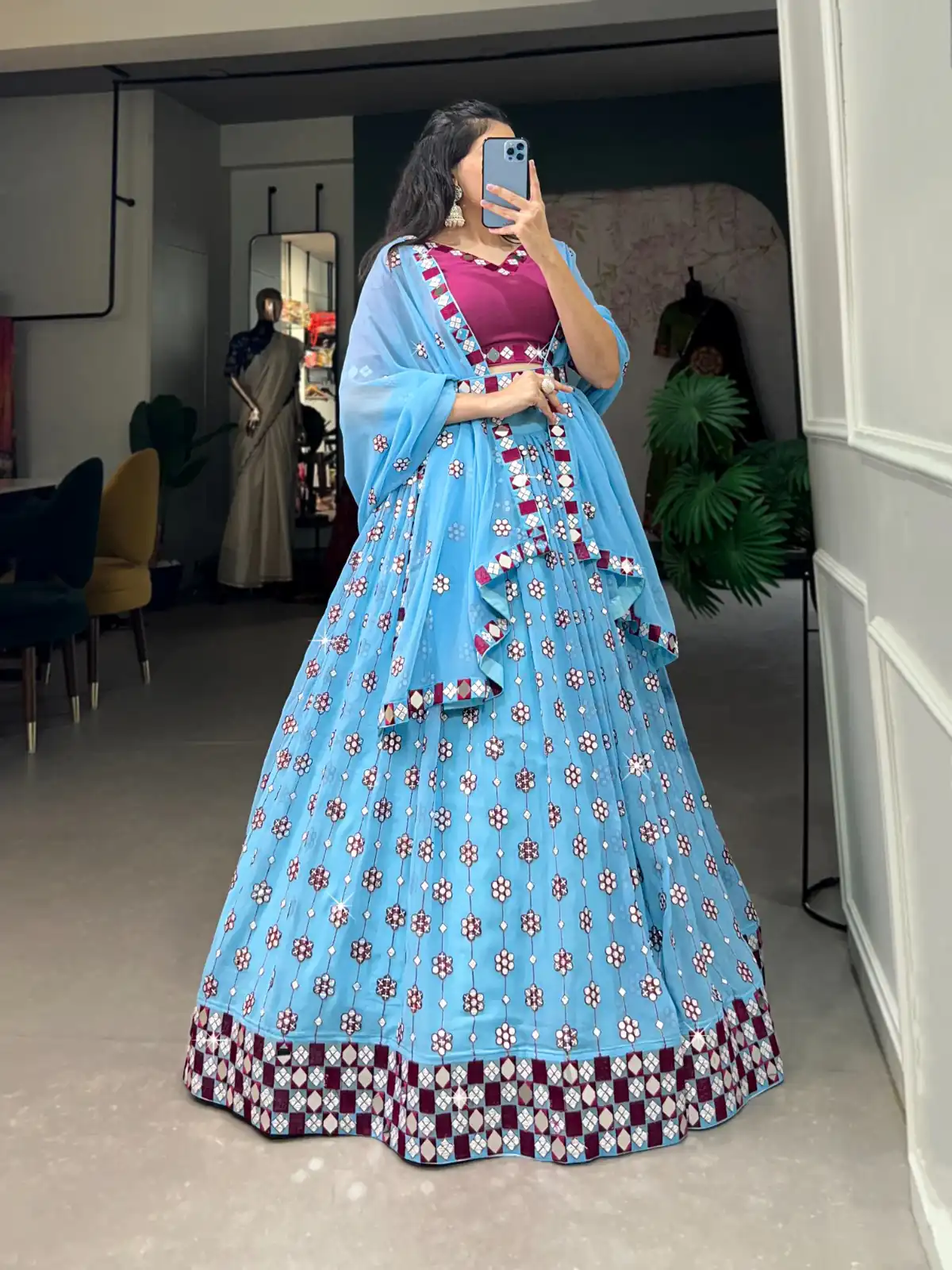 Choli LNB 1733 Sky Blue Georgette Mirror Work & Embroidery Work Lehenga in . Now at just ₹1999. Delivery 4-6 Working Days. Shop now. | Lehenga, Bollywood Lehenga, Creative Lehenga, Designer Lehenga, Embroidered Lehenga, Party Wear Lehenga
