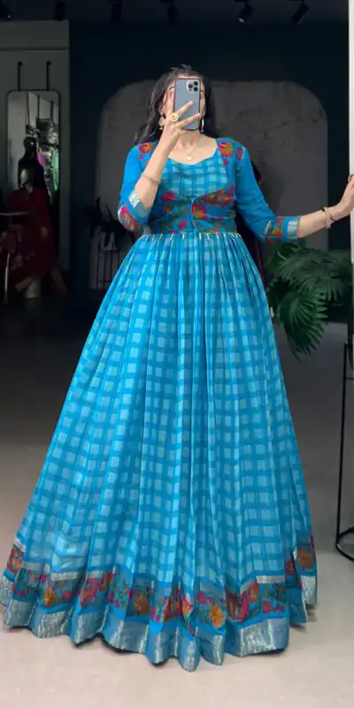 YNF 5034 Sky Blue Polyester Viscose Chanderi Zari Work & Lace Work Gown in . Affordable Price ₹1799. Delivery 4-6 Working Days. Shop now. | Gowns, Bollywood Gowns, Creative Gowns, Designer Gowns, Embroidered Gowns, Party Wear Gowns